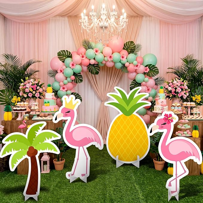 Honoson 4 Pcs 21.8" x 29.7" Large Tropical Flamingo Cardboard Cutouts, Pink Flamingo Birthday Decoration Yard Signs Standee for Hawaiian Summer Beach Luau Party Supplies Bachelorette Pineapple