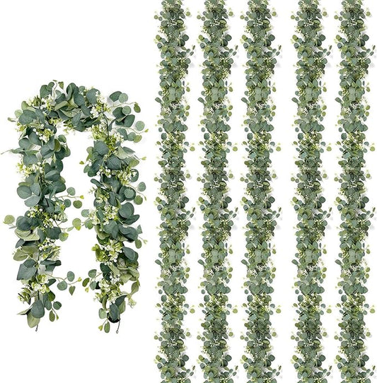 6 Pack Artificial Eucalyptus Garland 6.2 Long Faux Silk Leaf Eucalyptus Leaves Vines Greenery Garland with White Flower All Season for Wedding Arch Indoor Outdoor Wall Decoration
