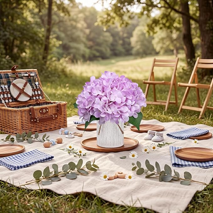 Set of 6 Flower Table Centerpieces - Lilac Fake Hydrangeas Floral Arrangement with Rustic Metal Vase for Baby Bridal Shower Birthday Party Event Wedding Decorations