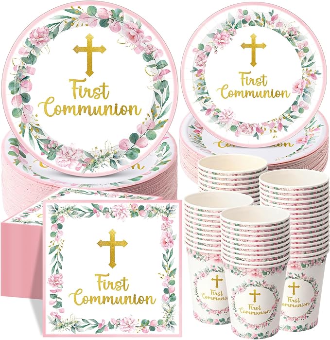 Pickmesh 250 Pcs Pink First Holy Communion Disposable Tableware Set God Bless Baptism Disposable Paper Plates Napkins and Cups for Girls Christening Celebration Baby Shower Religious Supplies Serve 50