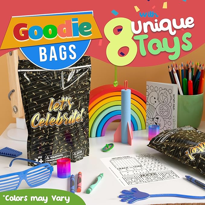 Crown Display Party Favors for Kids 10 Pre Filled Party Favor Bags - Let's Celebrate Fun Goodie Bags Stuffers for Kids with Fidget Toys and Small Toys Goody Bag Stuffers - Party Favors for Kids 4-8