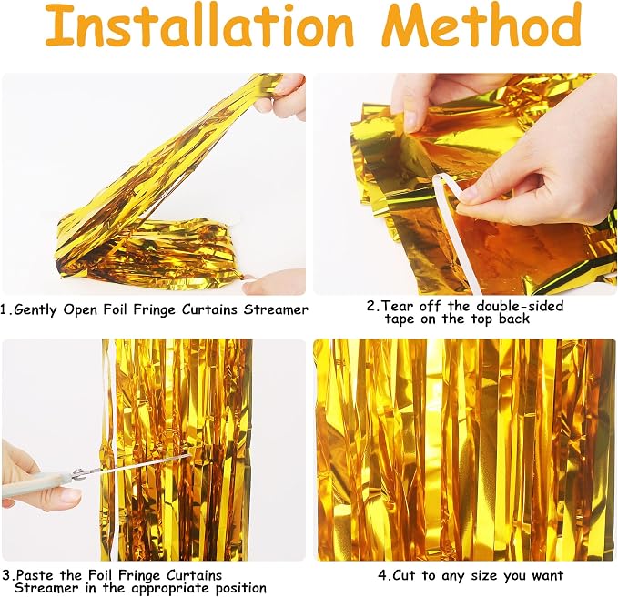 JOYIT 2 Pack Gold Tinsel Backdrop - 3.28 ft x 6.56 ft Fringe Backdrop, Glitter Foil Fringe Curtains for Party Decorations, Birthday, Bachelorette, Graduation, Wedding (Gold, 2 Pack)