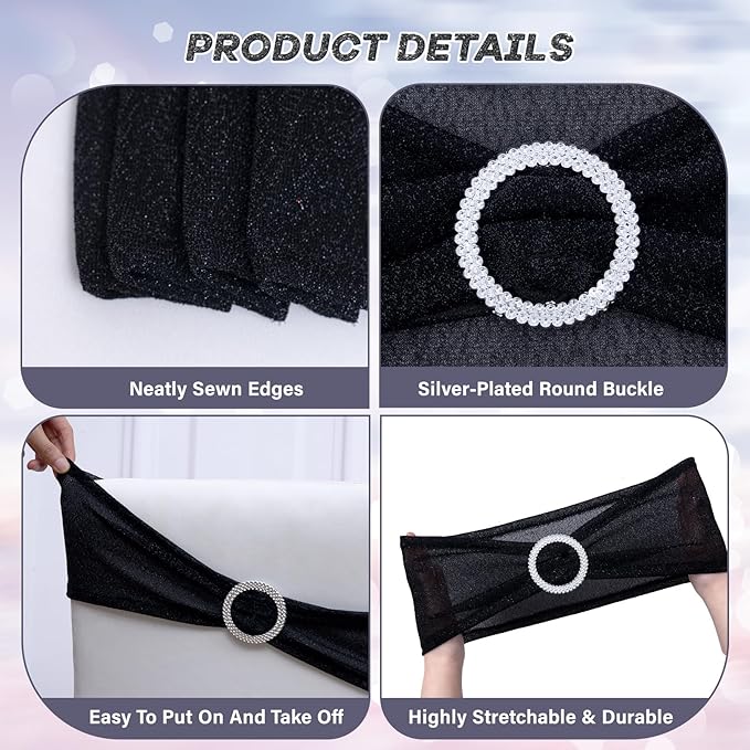 SquarePie Pack of 10 Black Chair Sashes Bows with Buckle Slider Universal Elastic Spandex Bands Ties for Banquet Event Decor