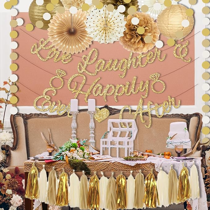 Bridal Shower Decorations,Gold Glitter Bridal Shower Decorations includes Love Laughter Happily Ever After Decorations Paper Flower Ball Wedding Decorations for Home Party Bachelorette Party Supplies