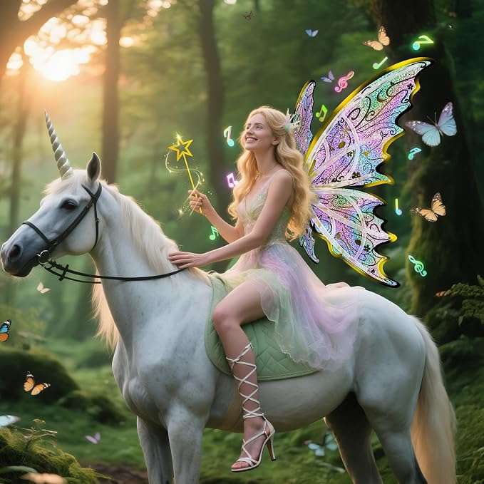 maysida Gold Fairy Wings for Kids and Girls, Light-up Electric Sparkling Wings Princess Halloween Set with Wand, Crown, Butterfly Wings – Ideal for Cosplay, Party, Birthday, Christmas