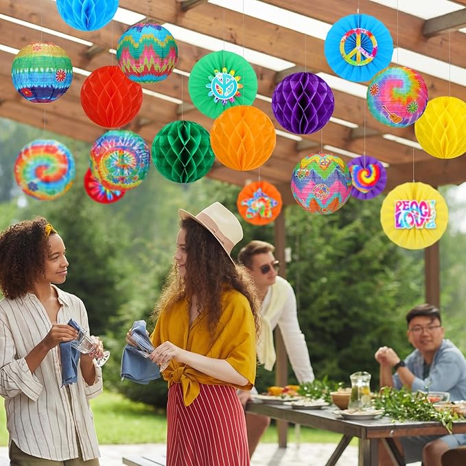 Retisee 18 Pcs 70s Hippie Party Decorations Hanging Paper Lanterns Tie Dye Groovy Honeycomb Tissue Groovy Retro Flower Peace Sign Paper Fans for 60s 70s Birthday Party Decoration (Hippietie, Tie Dye)