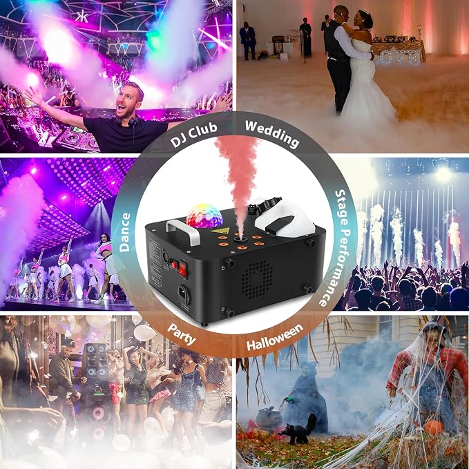 Fog Machine,1000W DJ Smoke Machine Maker with Disco Ball&6 RGB LED Lights Produce 30000 CFM Smoke Vertically or Horizontally by Remote Control for DJ Party Wedding Stage Show Lighting
