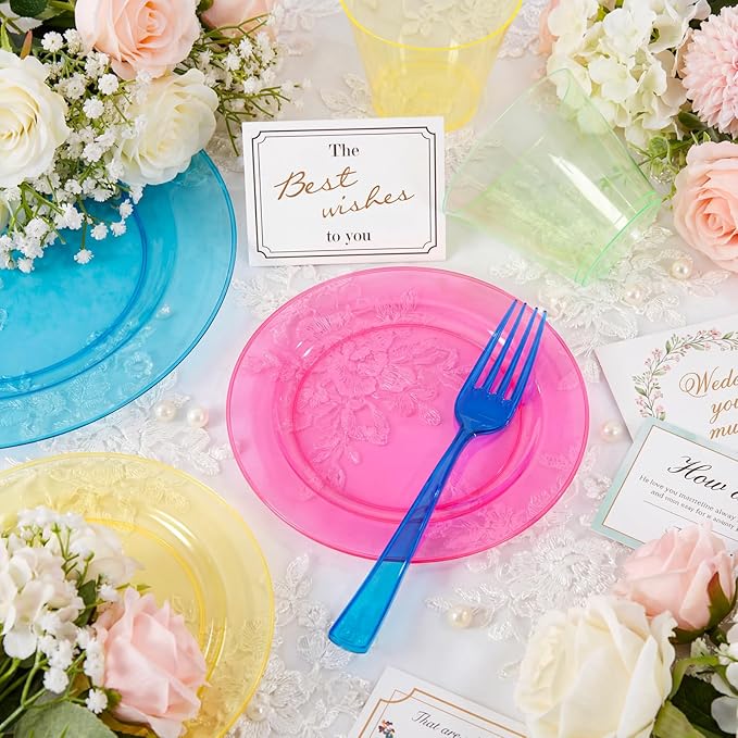 Supernal 216pcs Plastic Dinnerware Set include Rainbow Disposable Plates for Party Heavy Duty,Colorful Disposable Cups,Plastic Silveware in Neon Pink,Blue,Green,Yellow, Pefect for Birthdays