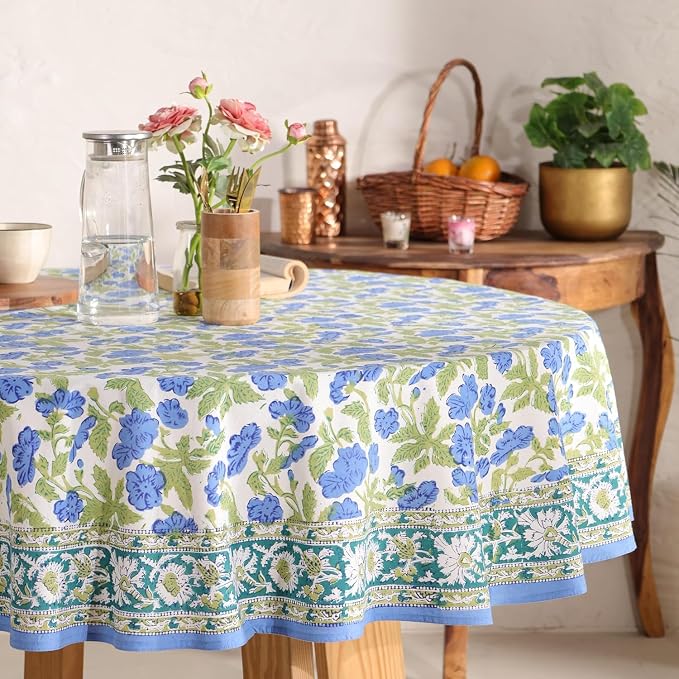 Hand Block Printed Tablecloth – Colorful Floral Print | 100% Cotton | Indian Artisan Handmade Art | Dining Room, Kitchen, Outdoor Décor, (Dusky Leaf Whisper, 6 Seater 72 Inches Round)