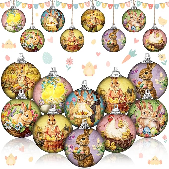 Outus 16 Pcs Easter Tree Ornaments Ball Easter Egg Hanging Ornaments Vintage Floral Egg Bunny Decorations Rustic Mini Retro Speckled Eggs Rabbit Hanging Ornament Spring Decor(1.6 Inch, Vintage)