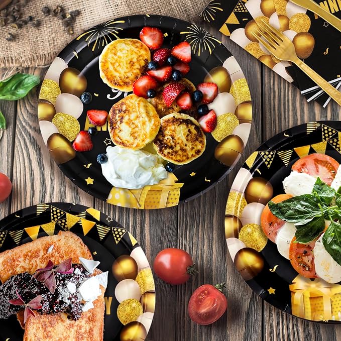 168Pcs Black and Gold Party Supplies Tableware Set Happy Anniversary Plates, Knife,Forks,Spoons, Cups and Napkins Table Decorations for Anniversary Wedding Birthday Party Decorations, 24 Guests