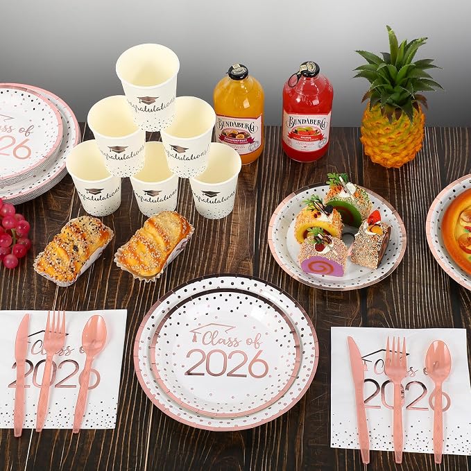 175pcs Class of 2026 Graduation Plates and Napkins Set, Disposable Paper Plate Set Polka Dots Napkin Cups Knife Fork Spoon for Graduation Party Decorations and Supplies,Serve 25(White Rosegold)