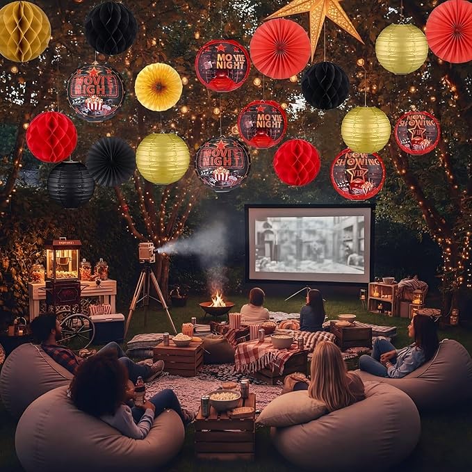 Retisee 18 Pcs Movie Night Party Decor Theme Hanging Paper Lanterns with Popcorn Trophy Microphone Film Reel Honeycomb Ball Fans for Movie Night Theater Carnival Party Decor