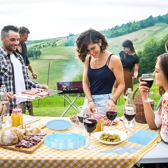 96 Pcs Light Blue Paper Plates and Napkins Set Party Supplies, Tableware set for 24 Guest include Disposable Light Blue Scalloped Plates, Napkins and Forks for Baby Shower Bridal Shower Wedding