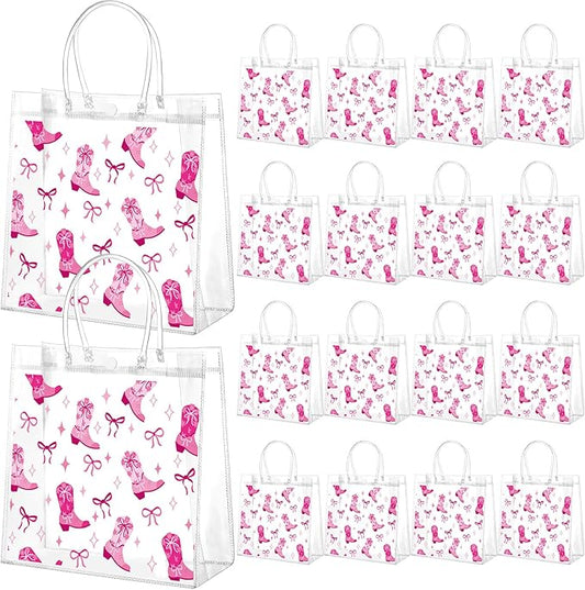 Kacctyen 24 Pcs Cowgirl Gift Bags for Party Favor Clear Cowgirl Goodie Bags with Handle 7.87 x 7.87 x 3.15 Return Gift Wrap Totes for Guests Treat Candy Wrapping