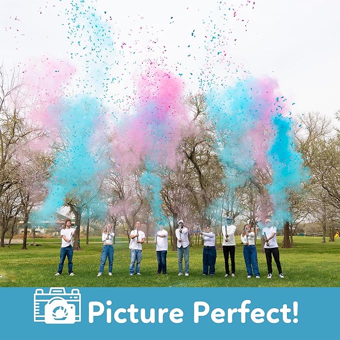 Gender Reveal Confetti & Powder Smoke Cannon | 3 Pink & 3 Blue Poppers | Biodegradable | Alternative to Gender Reveal Smoke Bombs Extinguisher Spray, Baby Gender Reveal Decorations, TUR Party Supplies