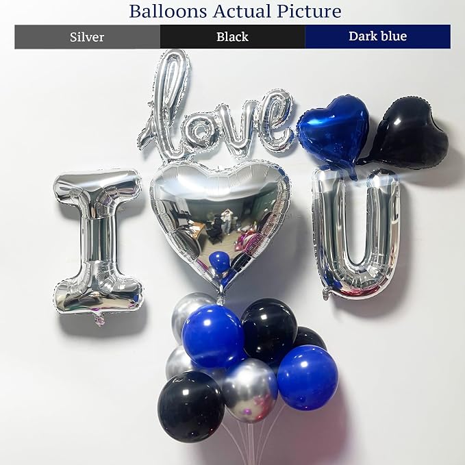Blue Black Silver Balloons with I LOVE YOU & HAPPY BIRTHDAY Foil Balloons & Rose Petals for Romantic Special Night, Anniversary, Valentine Day, Birthday Decorations for Him, Bedroom, Hotel Room