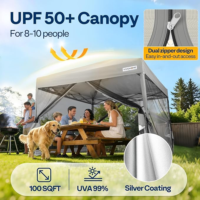 VIVOHOME 10x10ft Easy Pop-Up Canopy, Outdoor Screen Tent with Mosquito Netting, 2 Zipper Doors, and Roller Bag for Yard Camping Picnic Party Events, Grey