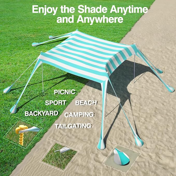 Rhino Valley Beach Tent, 10 x 10 FT Beach Shade UPF50+ Protection, Beach Canopy with 8 Sandbags 4 Stability Poles, Outdoor Beach Tent Sun Shelter Umbrella for Sand, Camping, Fishing,Mint Green Stripes