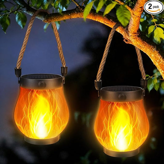 Jyoiat Solar Outdoor Lanterns Waterproof - 2 Pack Ultra-Real Flame Solar Lantern Lights with Dual Charging Modes (Solar/USB) for Garden Yard Patio Birthday Mothers Day Gifts (Warm White - 2 Pack)