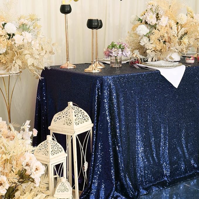 Eternal Beauty Navy Blue Tablecloth, 50x80 Inch Sequin Rectangle Table Cover for Cake Dessert Exhibition Party Birthday Events