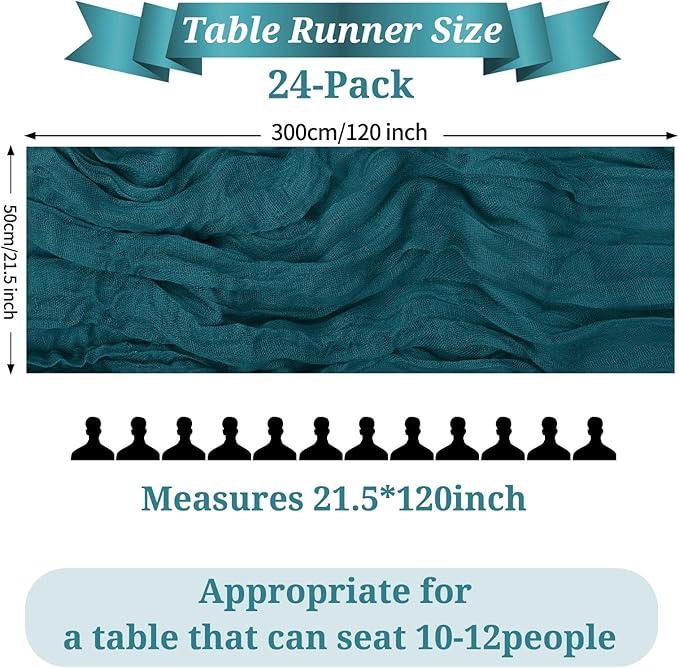 24 Pack Teal Cheesecloth Table Runner, 10FT Cheesecloth Rustic Boho Table Runner Long Romantic Semi Sheer Table Runner for Wedding Baby Shower Birthday Bridal Party Decorations(21.5×120 Inch)