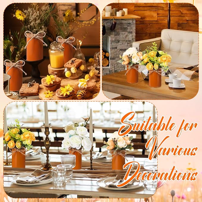 Rustic Vase for Table Centerpieces 4.33 Inch Small Petite Flower Vase with Twine Bow Vintage Farmhouse Decor for Wedding Reception Dining, Home Galvanized Metal Buckets(Dark Amber,12 Pcs)