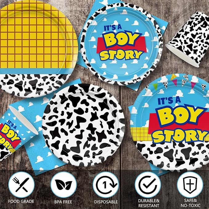 120pcs Toy Baby Shower Decorations Plates Napkins It's Boy Paper Cup Disposable Tableware Set Cartoon Baby Shower Party Kids For 30 Guests