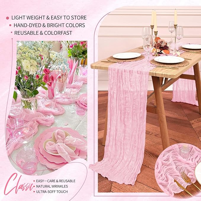 20 Pack Light Pink Cheesecloth Table Runner 10FT Boho Gauze Cheese Cloth Table Runners Romantic Rustic Sheer Table Decorations for Wedding Party Baby Shower Birthday Holiday Home