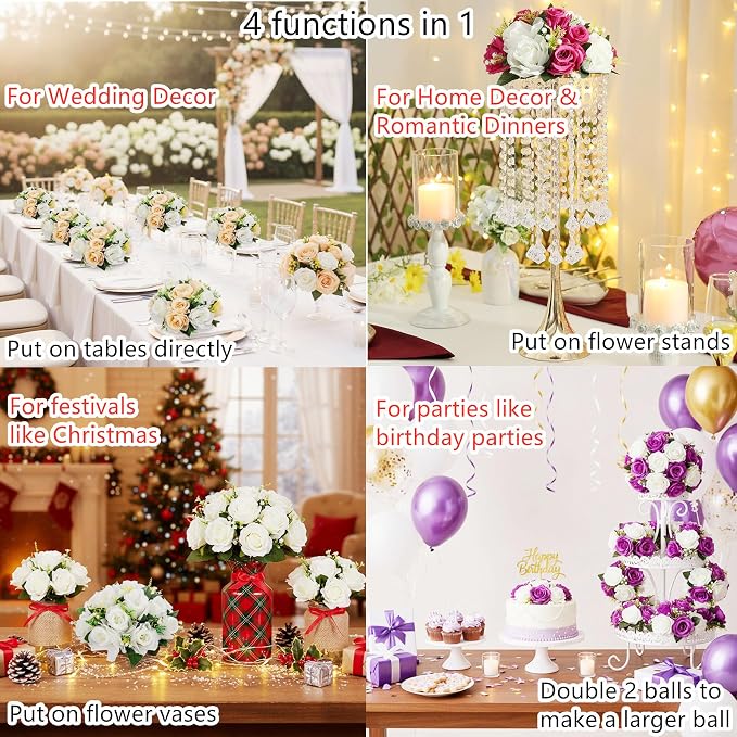 Artificial Flower Centerpieces for Tables: 6pcs of Rose Flower Balls, Flower Kissing Balls, Fake 15-head Plastic Flower Roses with Base for Birthday Party Christmas Home Wedding Decor (Red White)