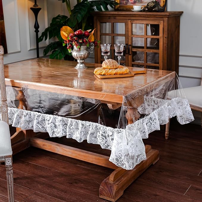 ARTABLE Vinyl PVC Rectangle Tablecloth Waterproof Clear Table Cover with Champagne Lace Macrame Border for Wedding Kitchen Home Outdoor Indoor Holidays Party Decor (Offwhite-2, 60 x 104 Inch)
