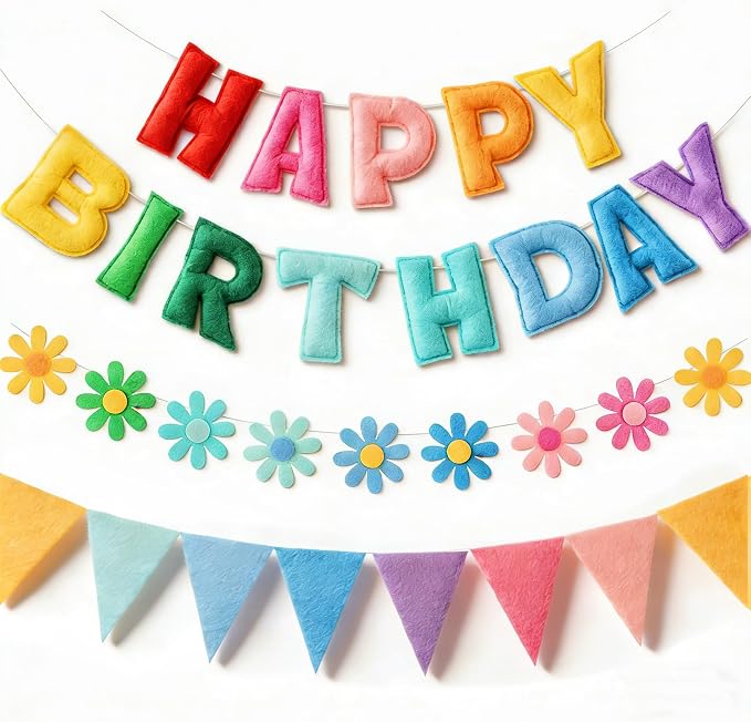 YEOCU Happy Birthday Decorations, No DIY, Pre-Strung 3D Banner | Rainbow, 3D felt banner, flower garland & flags. No DIY, reusable for kids & women.