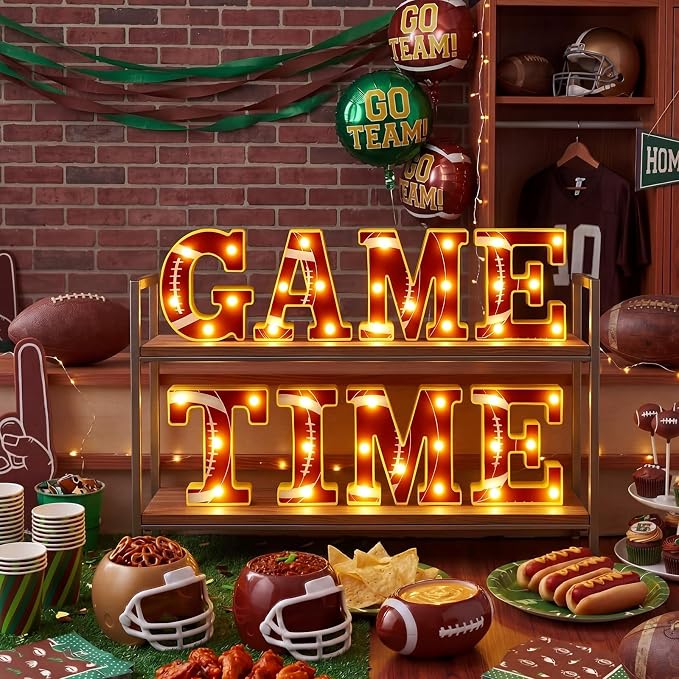 Honoson 8 Pcs Football Party Decorations Game Time LED Lights Sign Football Birthday Decorations Sports Theme Game Time Table Decor for Gameday Tailgate Fans Match Point Party Supplies