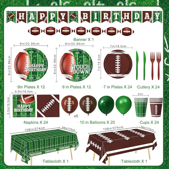 Football Birthday Party Decorations Includes Plates, Napkins, Cups, Banner, Balloons, Touchdown Tablecloth for Football Birthday & Tailgate Party Decorations, Serves 24