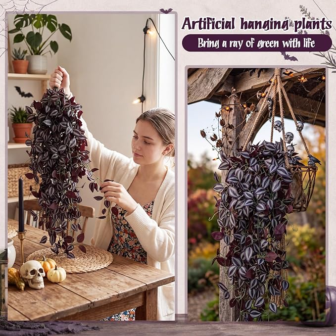 Daifunli 12 Pcs Artificial Hanging Plants Fake Hanging Ferns Plastic Fake Plant for Wall Room Garden Garland Indoor Outdoor Decor No Basket (Purple Eyebrow)