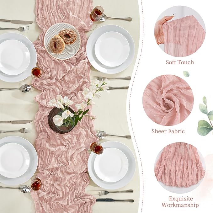6 Pack Dusty Pink Mother’s Day Cheesecloth Table Runner 10FT Long Boho Gauze Table Runner Rustic Sheer Runner for Spring Wedding Bridal Baby Shower Birthday Holiday Party Table Decor Easter Decor