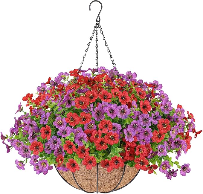 AGIRL Artificial Hanging Flowers with Baskets for Outdoors,UV Resistant Fake Hanging Plants for Outdoor Porch Patio Garden, Realistic Silk Flowers for Spring Summer Home Decor(Red Purple)