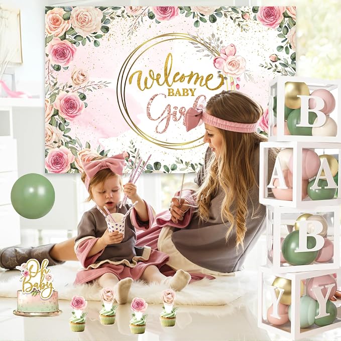 Baby in Bloom Baby Shower Decorations for Girl, Sage Green and Pink Party Supplies with 4pcs Balloon Boxes, "Welcome Baby Girl" Backdrop, Floral Tablecloth, 70pcs Balloon Garland Arch Kit