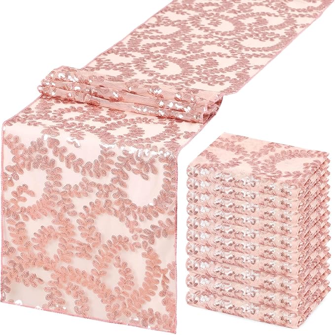 10 Packs 12x108 Inch Sequin Table Runner Rose Gold Flower Table Runners Glitter Table Runners for Banquet Wedding Table Decoration Sparkly Table Overlay