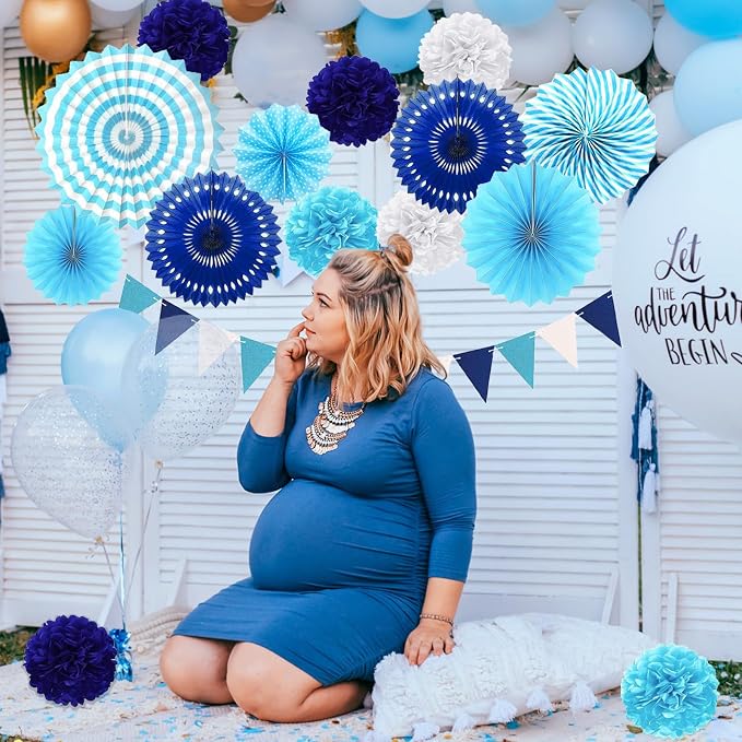 Blue Party Decorations Birthday Paper Fan Baby Shower Tissue Pom Poms Streamers Bachelorette Party Supplies Tassel Garland Banner Wedding Decor