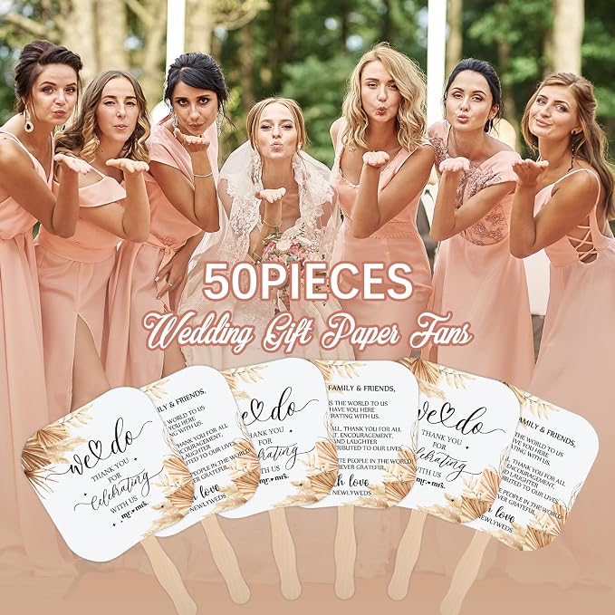 Fumete Wedding Favors for Guests 50 Pcs Wedding Fans and 1 Pc Table Sign Portable Paper Fan with Wooden Handle Hand Fan for Bridal Shower Party Favor Appreciation Gift(Boho)