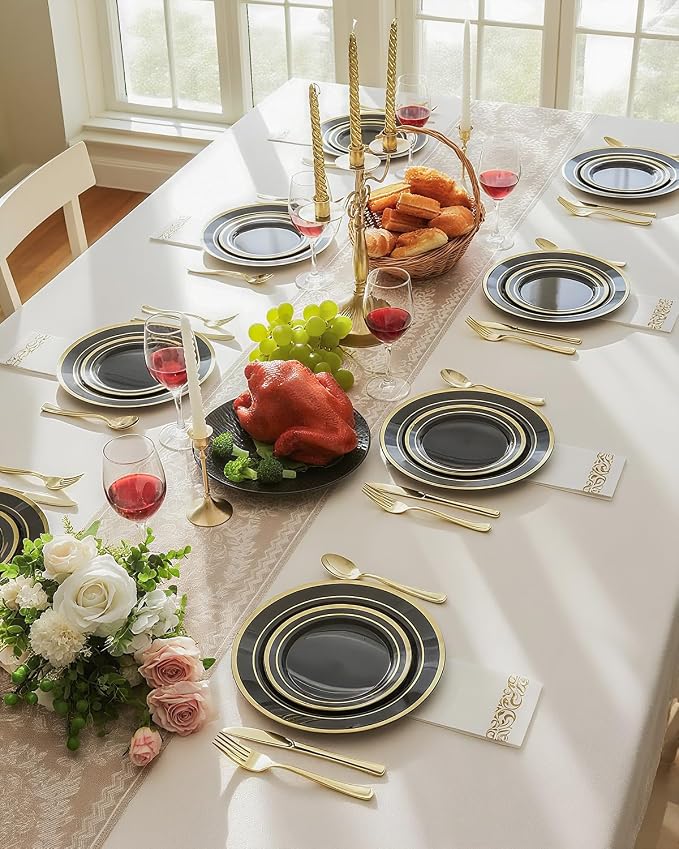 BESTSTAR 100PCS Black Plastic Plates Set with Gold Rim, 50 10.25 inch Dinner Plates and 50 7.5 inch Dessert Plates, Premium Disposable Plates forfor Party, Wedding, Holiday
