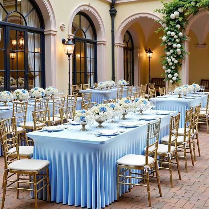 6 pk Baby Blue Spandex Tablecloth 6ft with Ruffle Skirt, Wrinkle Free High Stretch Fitted Tablecloths for 6 Foot Rectangle Tables, Blue Eastic Spandex Table Covers 6ft for Parties Banquet Weddings