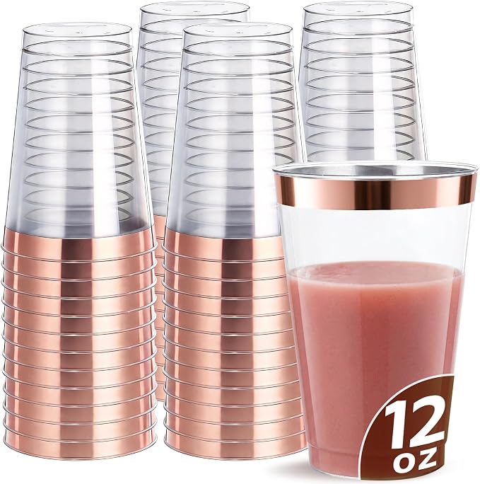 200 Pack 12oz Plastic Cups with Rose Gold Rimmed - Sturdy & Food Safe Plastic Wine Glasses Wedding Cups Party Cups Clear Cups Plastic Cocktail Glasses for Wine, Juice, Cocktails and Cold Beverages