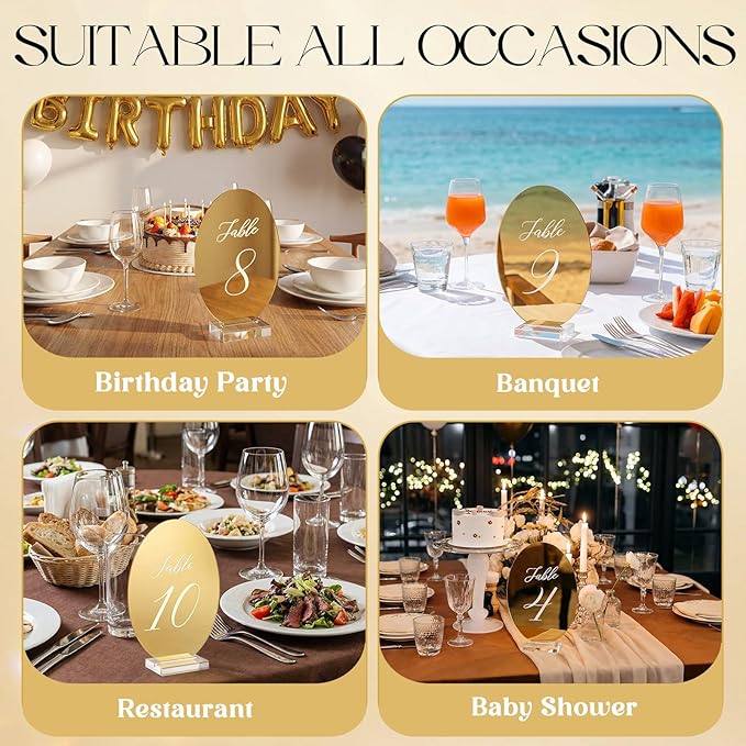 Novabright Oval Wedding Table Number Plates 1-15 with Transparent Stand - 5x7 Inch Acrylic Mirror Gold Table Number Signs Holders, Suitable for Wedding Receptions, Parties, Anniversaries and Events