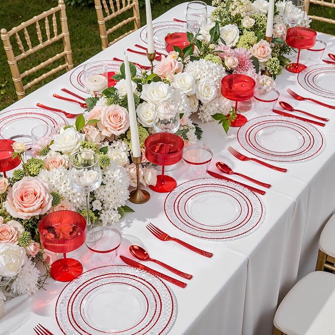 Ciaell 150 PCS Red Plastic Plates – Clear Hammered Disposable Plates with Red Rim include 50Plates, 25Forks, 25Knives, 25Spoons, 25Cups for Wedding & Party & Anniversary & Mother's Day
