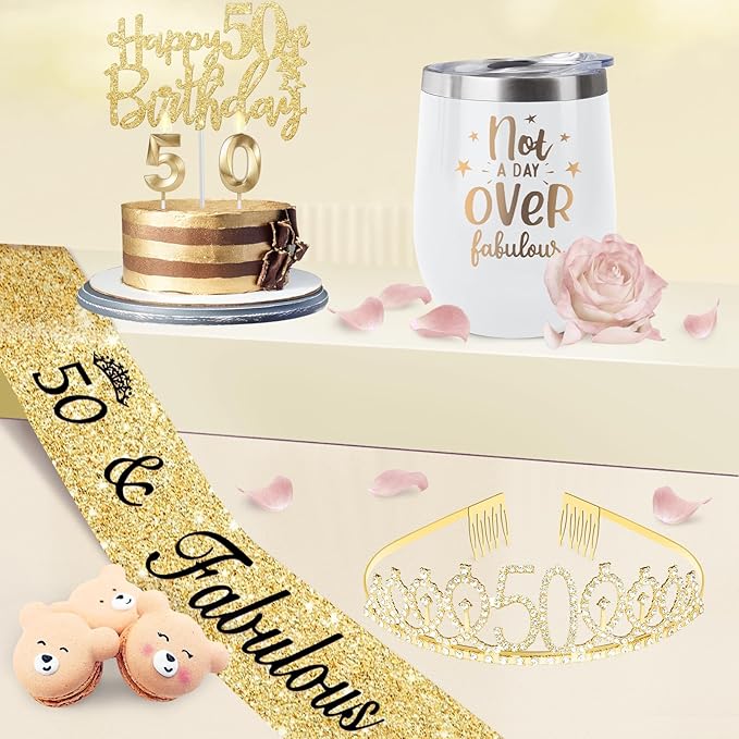 50th Birthday Gifts Women Including 12oz Tumbler/Mug for Wine or Coffee, Birthday Crown, Sash, Cake Topper and Candles, 50 Year Old Decorations Gifts Idea