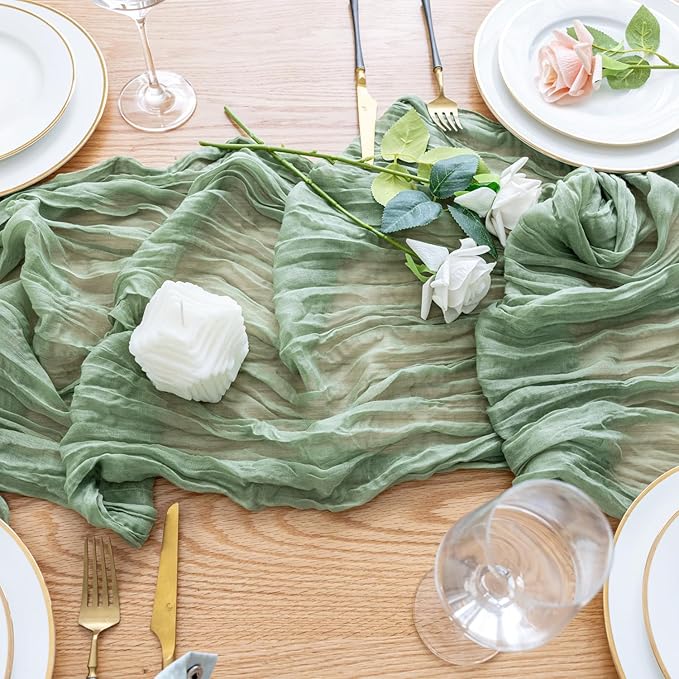 Wokceer Sage Green Cheesecloth Table Runner 10FT Boho Gauze Spring Easter Table Runner Cheese Cloth for Party Wedding Long Rustic Sheer Runners for Baby Bridal Shower