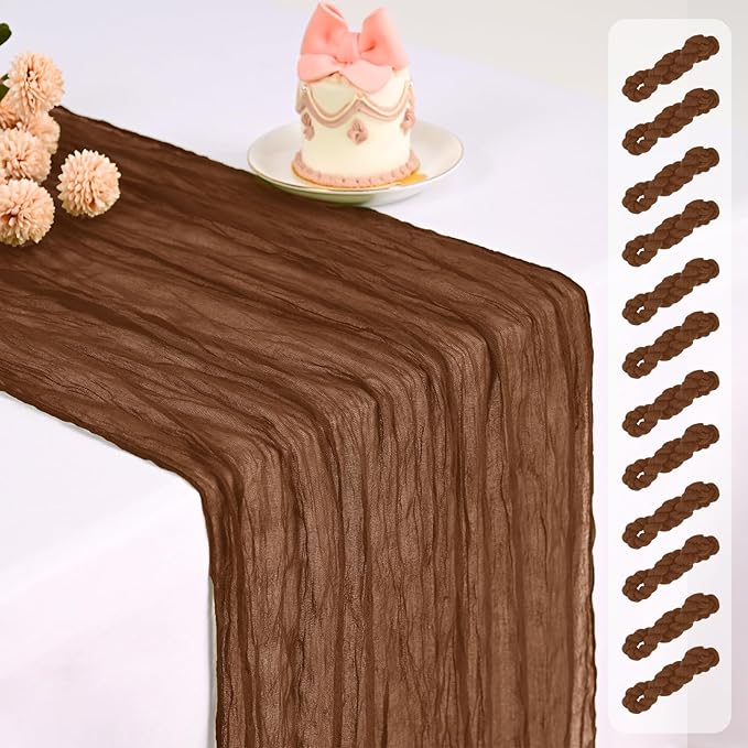 Pesonlook 12 Pack Cheesecloth Table Runner,Brown Table Runner Long Romantic Semi Sheer Rustic Boho Gauze Table Runners for Wedding Bridal Shower Birthday Party Decorations(17.7×108 Inch)