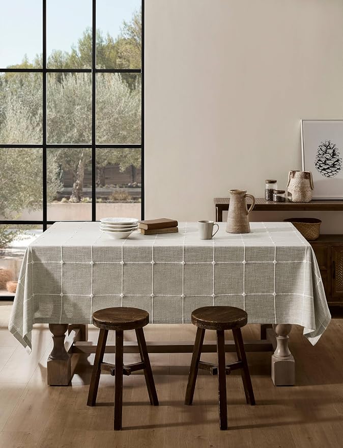 ZeeMart Grid Embroidered Hemmed Tablecloths, Raw Linen 60x60 Inch, Farmhouse Style Heavy Weight Cotton Linen Beige Tablecloths, Boho Plaid Water Resistant Square Table Cloth